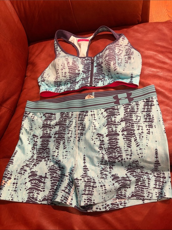 Under Armour Other - Under Armour Aqua & Navy Front-Zip Sports Bra with Matching Shorts 38C & XL
